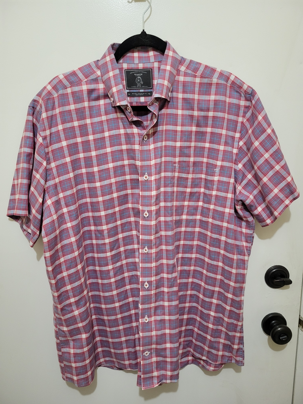 Maker & Company Men's Short-Sleeve Plaid Button Down Red, White & Blue Shirt